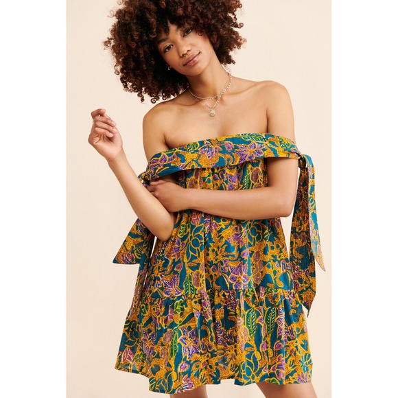 Cleobella Dresses & Skirts - Cleobella Violette Mini Dress Womens Small Teal Floral Indo Block Organic Cotton